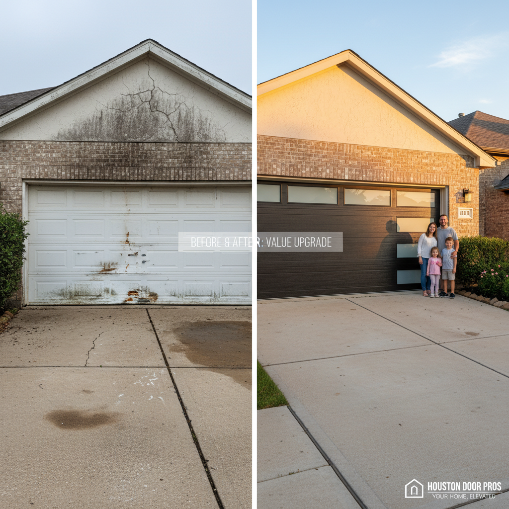 Garage door repair before and after transformation in Houston TX by Lemus