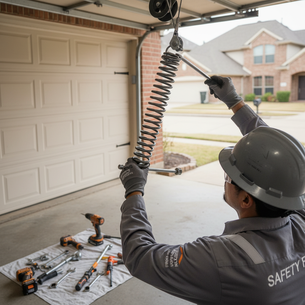 Torsion spring replacement closeup in Houston TX by Lemus Garage Door Services